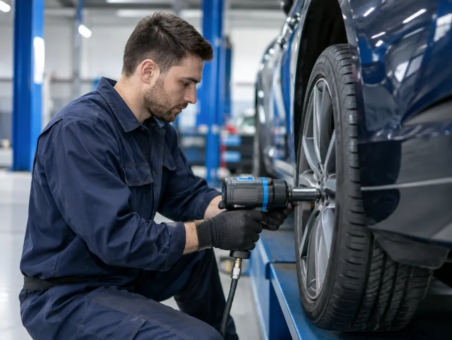 Técnico instalando un neumático en un taller de la red TiresChile